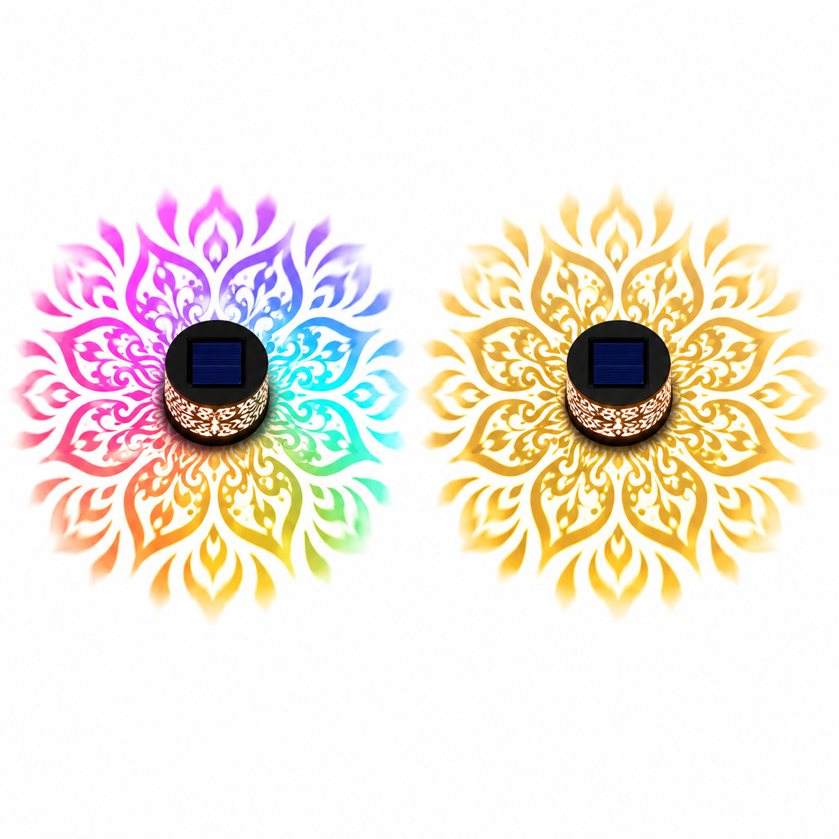 Vergleich der Solarleuchte mit RGB-Mandala-Projektion und warmweißer Lichtprojektion auf weißem Hintergrund
