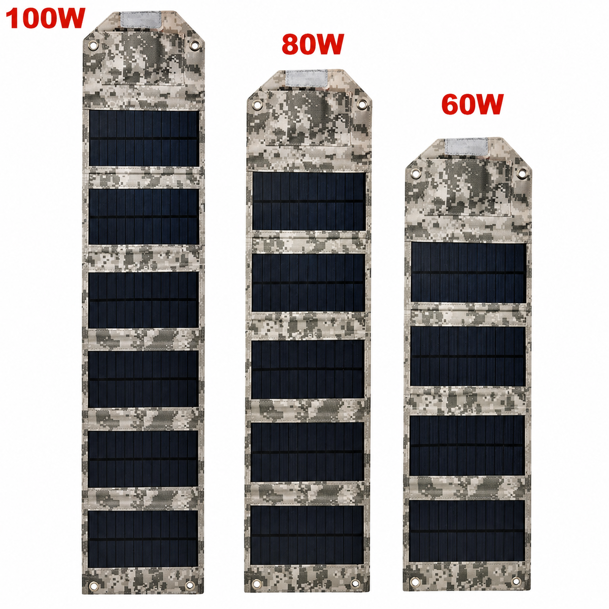Vergleich der faltbaren Solarpanels in 60W, 80W und 100W mit unterschiedlichen Größen auf weißem Hintergrund.
