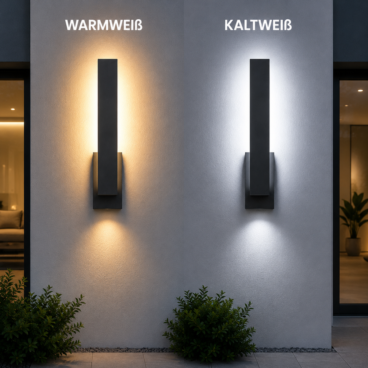 Vergleich einer LED-Außenwandleuchte mit warmweißem und kaltweißem Licht für Hausfassaden, Eingänge und Außenbereiche.

