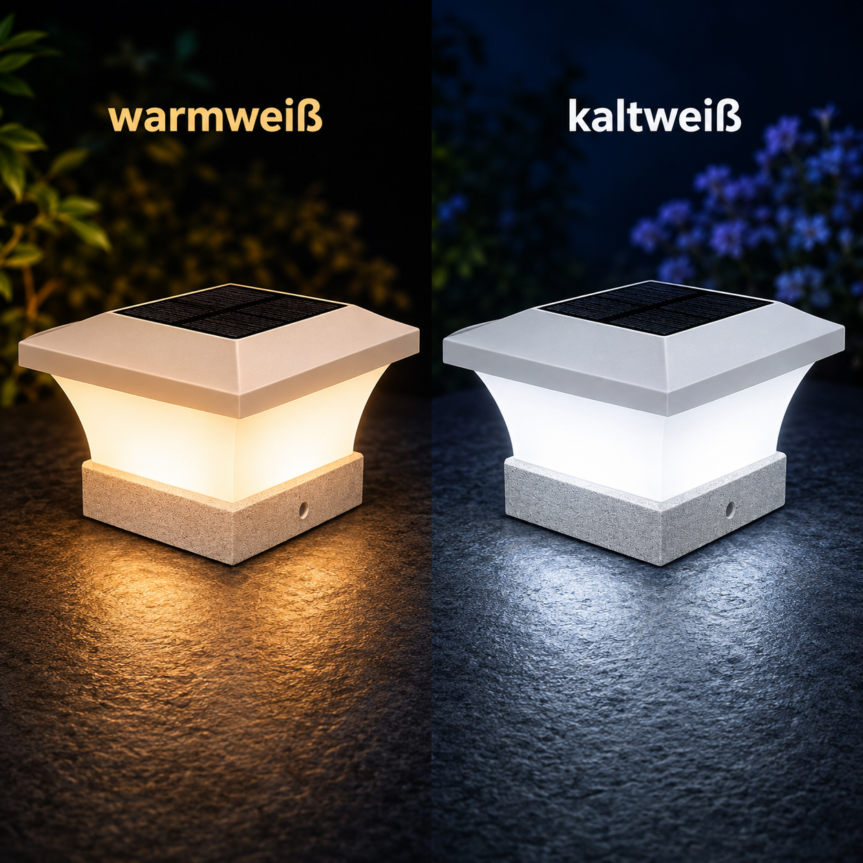 Vergleich einer Solar-Pfostenleuchte in Warmweiß (3000K) und Kaltweiß (6000K) – beide Lichtfarben im direkten Vergleich für unterschiedliche Beleuchtungsstimmungen.
