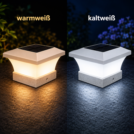 Vergleich einer Solar-Pfostenleuchte in Warmweiß (3000K) und Kaltweiß (6000K) – beide Lichtfarben im direkten Vergleich für unterschiedliche Beleuchtungsstimmungen.
