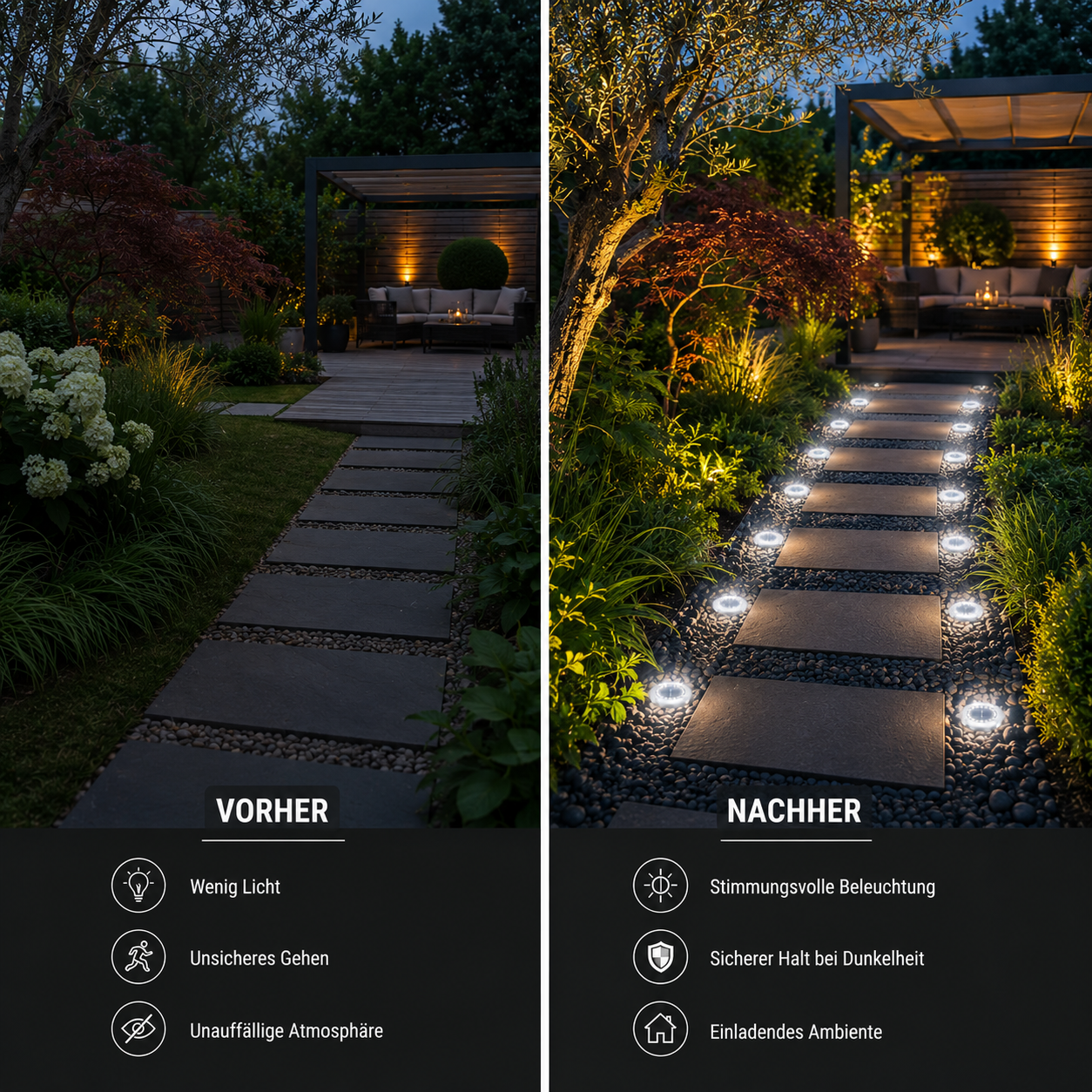 Vorher-Nachher-Vergleich mit Solar Bodenleuchten entlang eines modernen Gartenwegs bei Nacht.