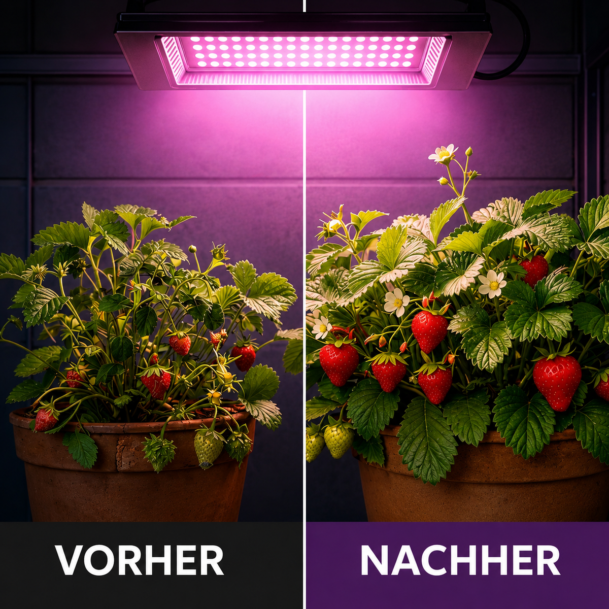 Vorher Nachher Vergleich mit 200W Solar Pflanzenlampe Vollspektrum LED