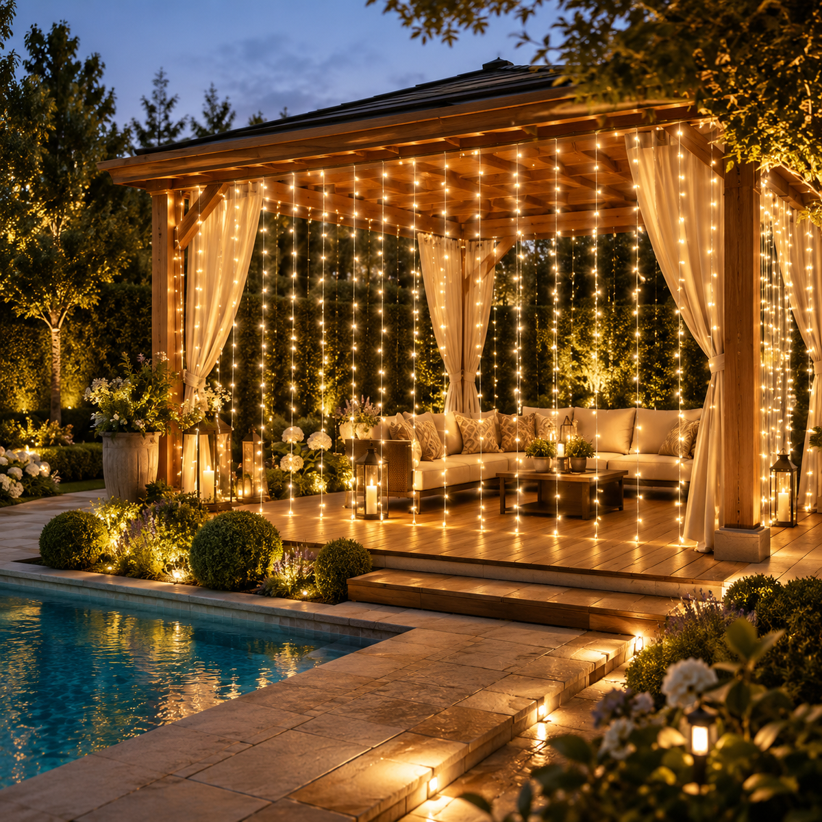 Warmer Solar LED Lichtervorhang für Pergola
