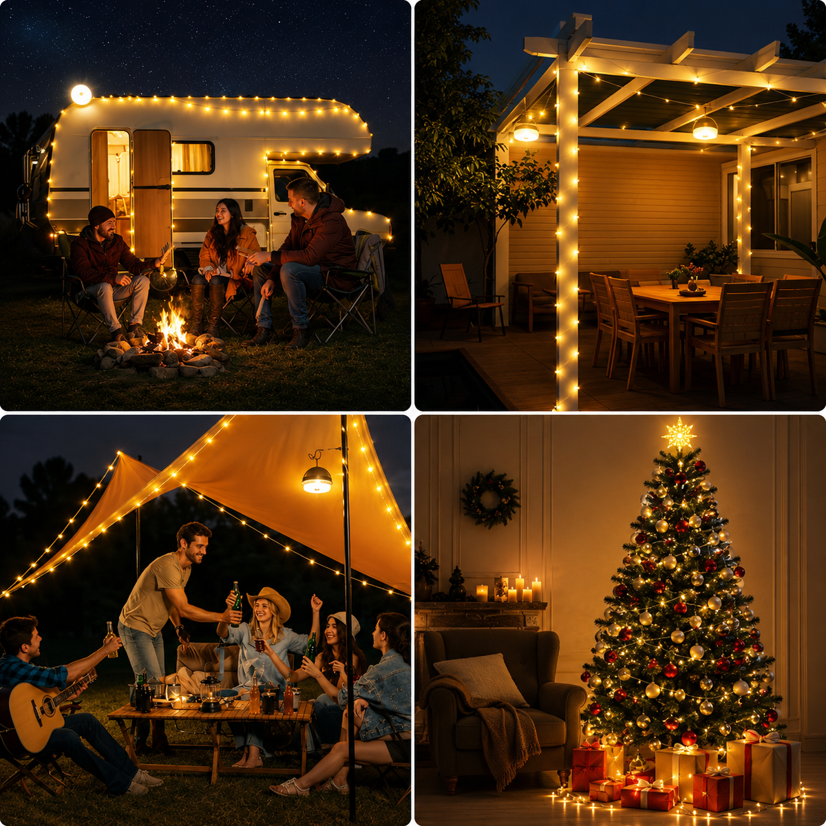 Warmweiße LED-Lichterkette beim Camping, auf der Terrasse und als Weihnachtsbeleuchtung
