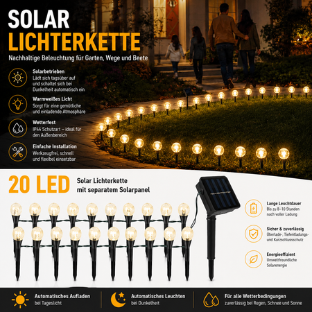 Warmweiße Solar-Gartenlichter beleuchten Beete, Rasen und Wege vor einem modernen Haus und schaffen eine hochwertige, gemütliche Außenbeleuchtung im Garten.

