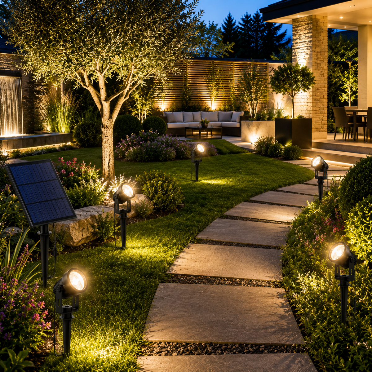 Warmweiße Solar-Gartenstrahler setzen Gartenwege, Bäume und Beete stimmungsvoll bei Nacht in Szene.
