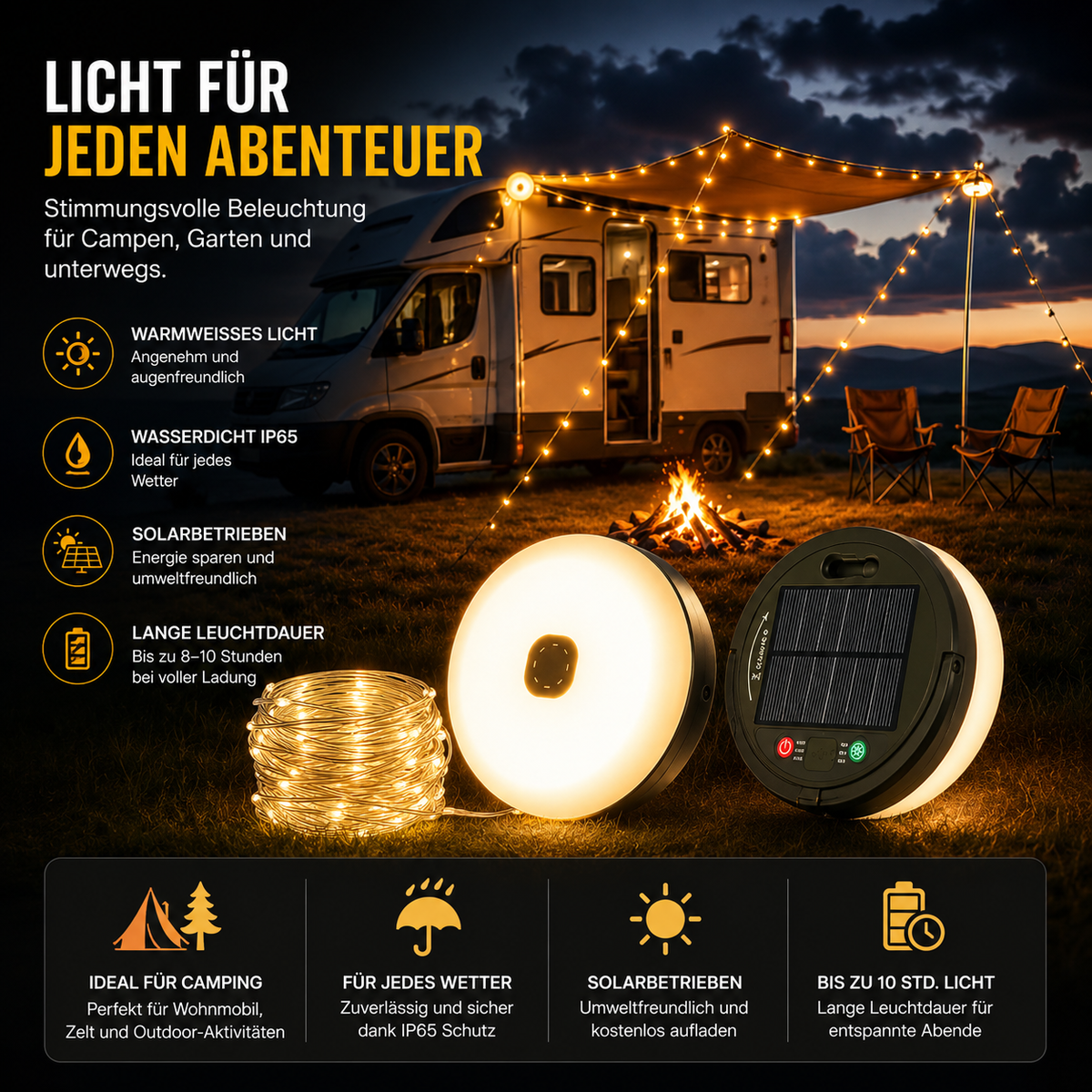 Warmweiße Solar-Lichterkette für Camping, Garten und Outdoor-Abenteuer
