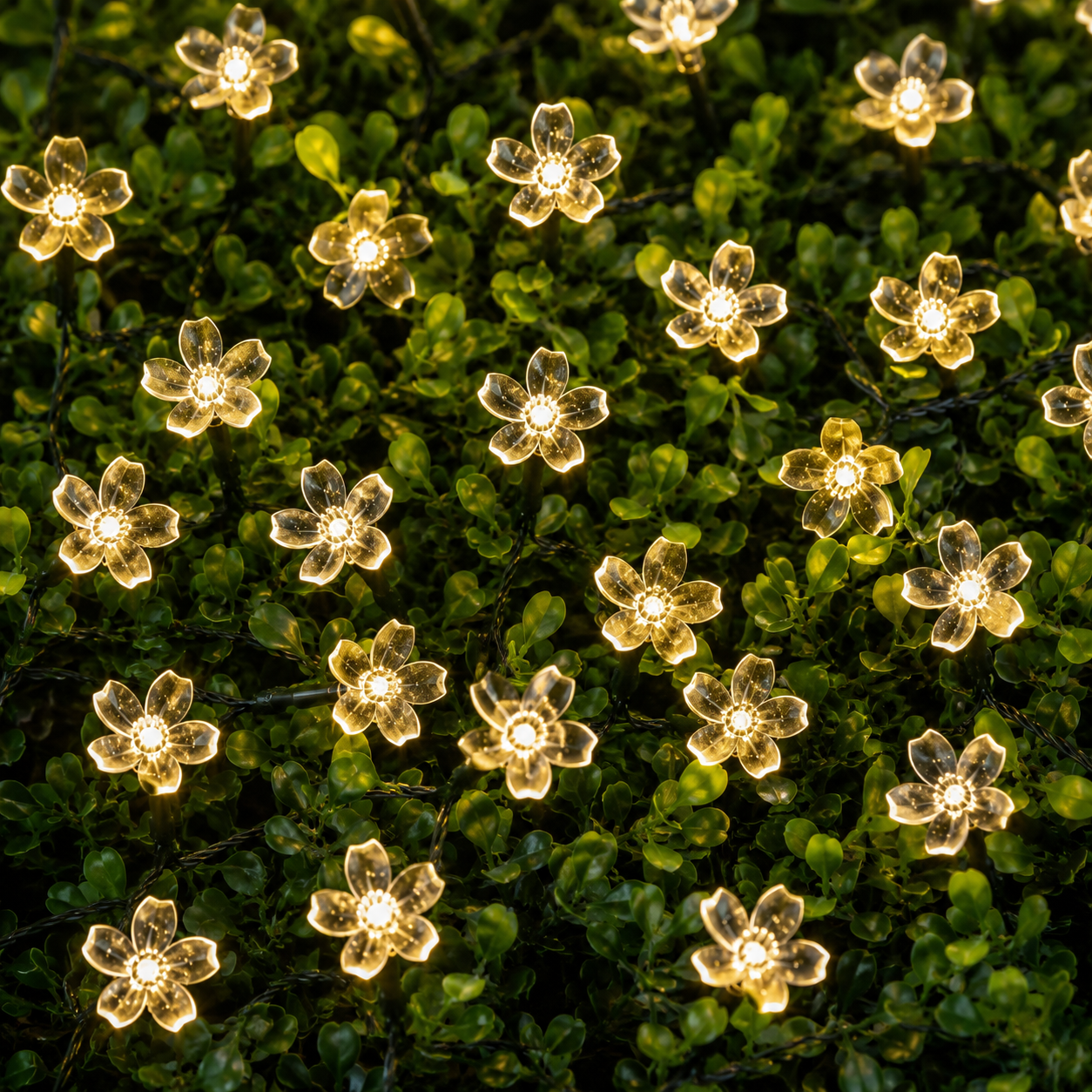 Warmweiße Solar Blumenlichterkette mit leuchtenden Blüten für eine gemütliche Atmosphäre im Garten.
