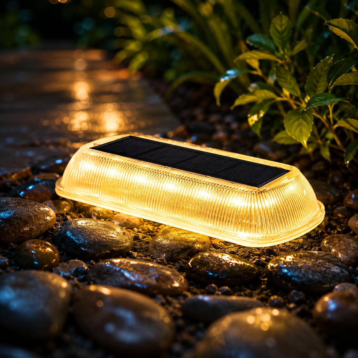 Warmweiße Solar Bodenleuchte mit Solarpanel auf Kiesbett, wasserdichte IP65 LED-Wegeleuchte für Gartenweg, Terrasse und Einfahrt.

