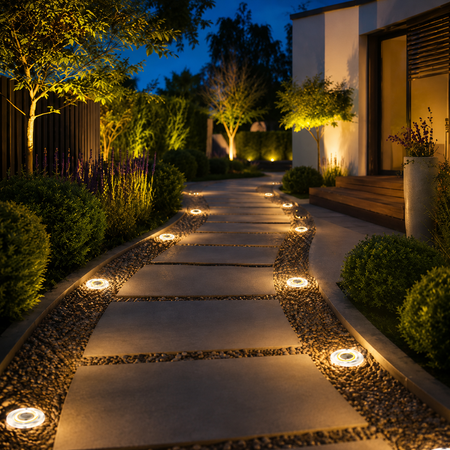 Warmweiße Solar Bodenleuchten beleuchten einen Gartenweg bei Nacht mit stimmungsvoller Außenbeleuchtung
