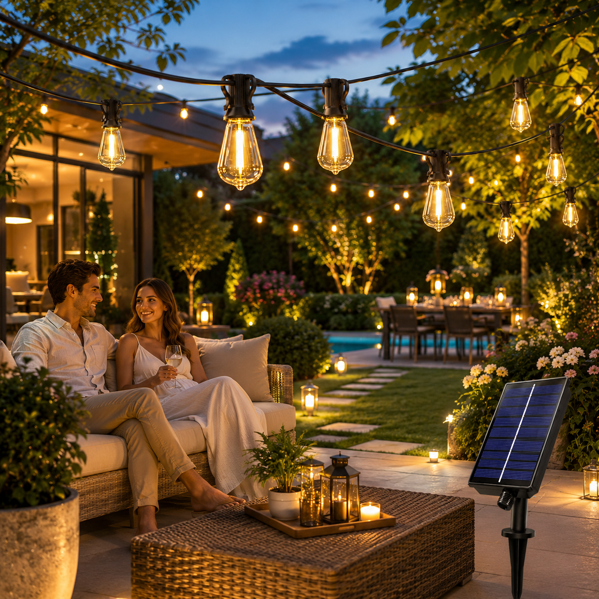 Warmweiße Solar Lichterkette beleuchtet Garten und Sitzbereich am Abend, ideal für Pergola, Terrasse und Außenbereich.
