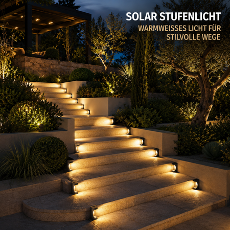 Warmweiße Solar Stufenleuchten beleuchten die Natursteintreppe eines luxuriösen Gartens und schaffen ein elegantes Ambiente bei Nacht.
