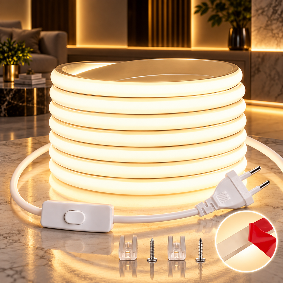 Warmweißer COB-LED-Streifen mit Schalter und Zubehör.
