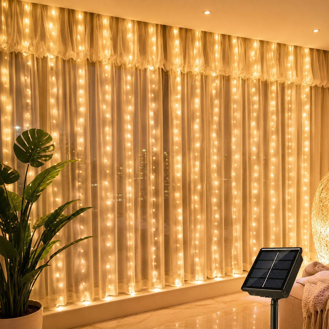 Warmweißer LED Lichtervorhang für Wohnzimmer
