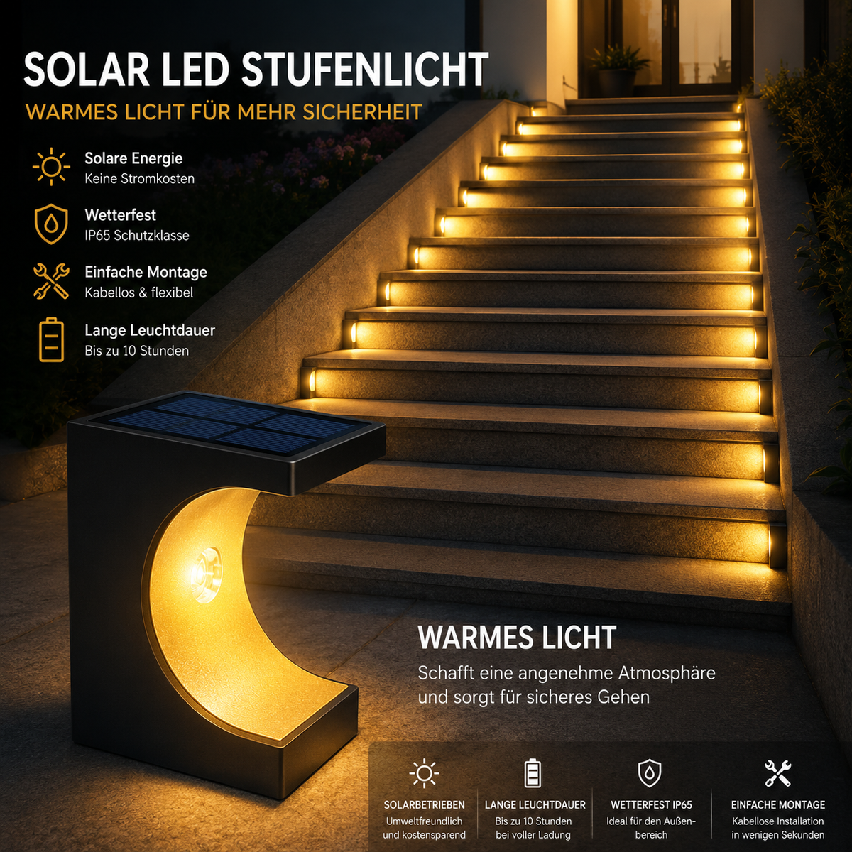 Warmweißes Solar LED Stufenlicht beleuchtet eine moderne Außentreppe und sorgt für eine gemütliche Atmosphäre und sichere Wege.
