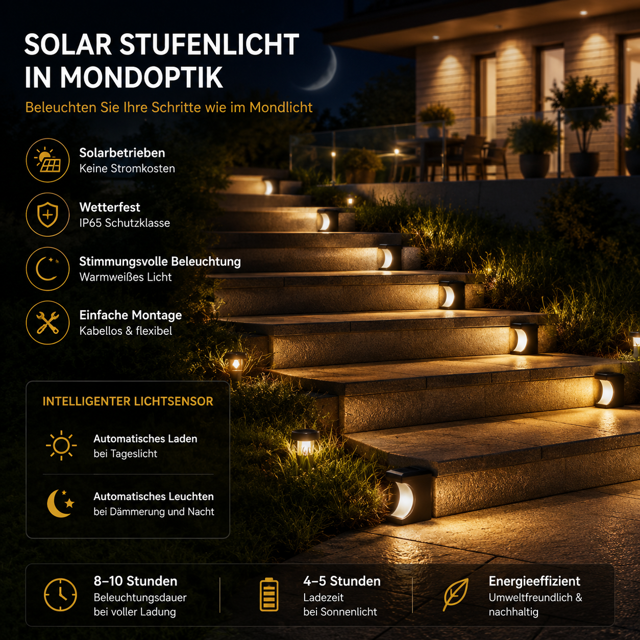Warmweißes Solar Stufenlicht im Halbmond-Design beleuchtet stilvoll eine Außentreppe vor einem modernen Haus bei Nacht.
