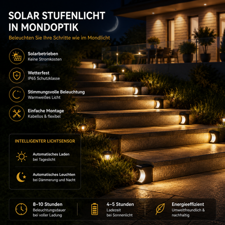 Warmweißes Solar Stufenlicht im Halbmond-Design beleuchtet stilvoll eine Außentreppe vor einem modernen Haus bei Nacht.
