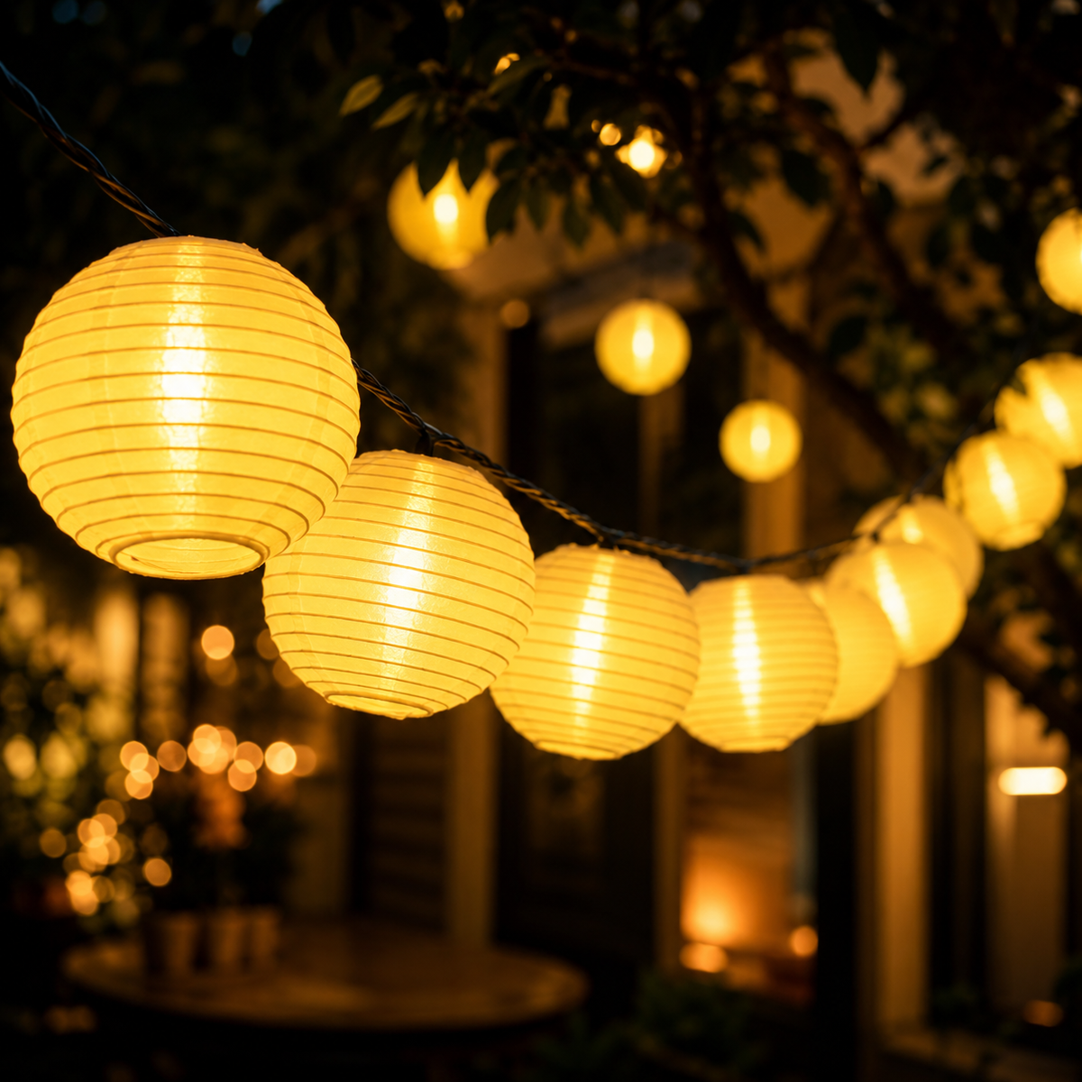 Warmweiß leuchtende LED-Lampions als stimmungsvolle Gartenbeleuchtung am Abend
