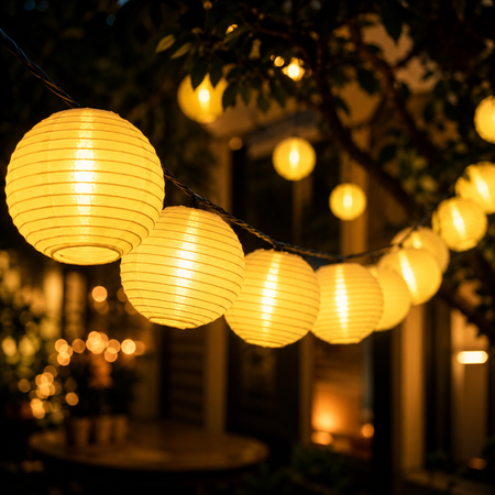 Warmweiß leuchtende LED-Lampions als stimmungsvolle Gartenbeleuchtung am Abend
