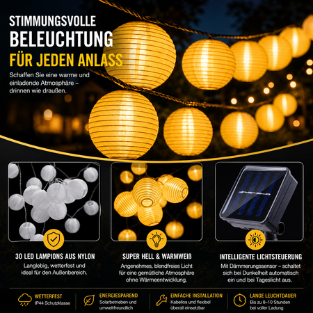 Warmweiß leuchtende Solar-Lampion-Lichterkette für Garten, Terrasse und Feste
