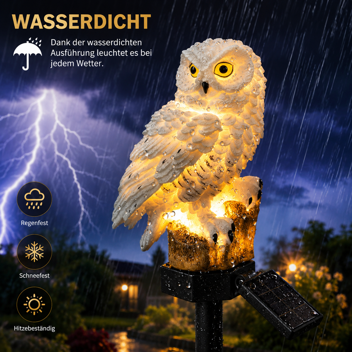 Wasserdichte Solar-Eulenleuchte für den Außenbereich bei Regen und Gewitter.
