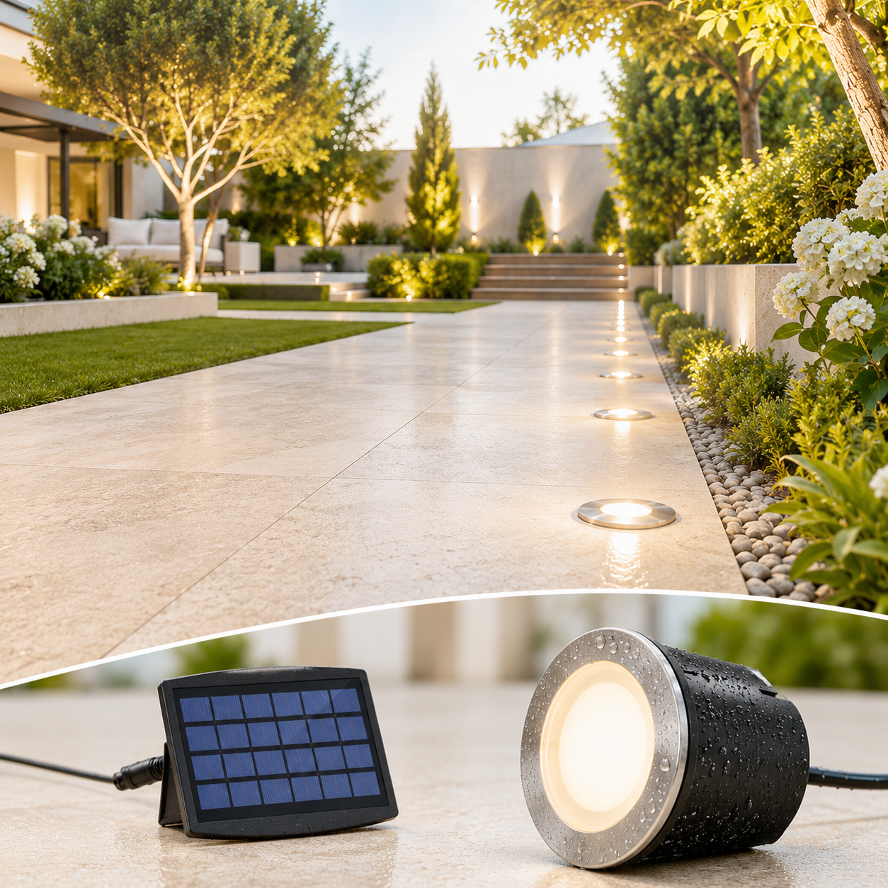 Wasserdichte Solar LED-Einbauleuchten entlang eines Gartenwegs sorgen für sichere und dekorative Wegbeleuchtung.
