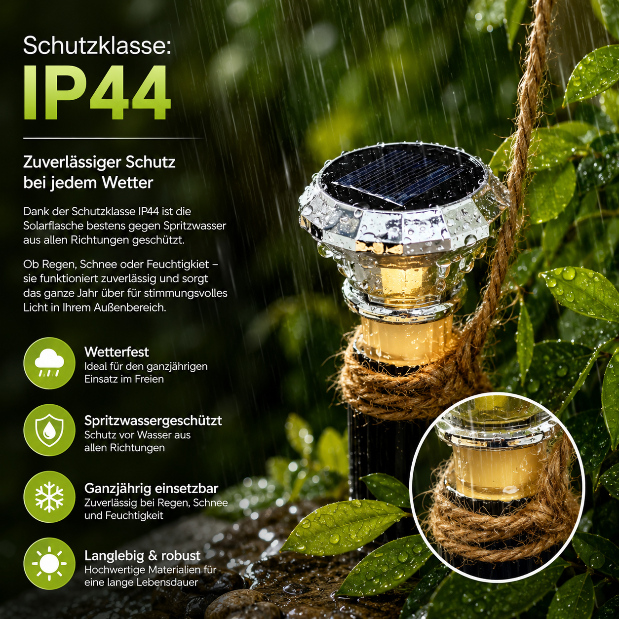 Wasserdichtes Solar-Flaschenlicht mit Schutzklasse IP44
