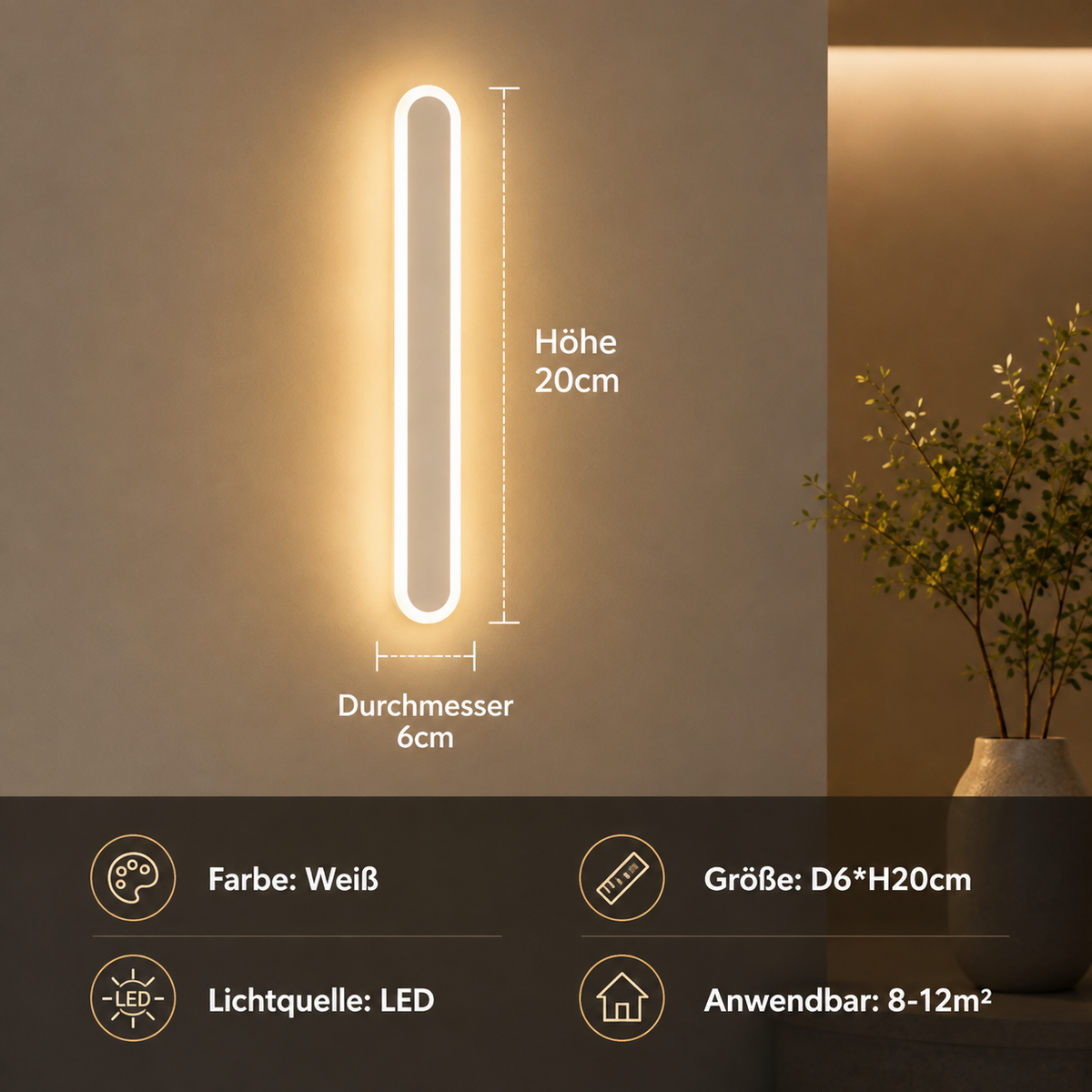 Weiße LED Wandleuchte 20 cm mit warmweißem Licht für Flur, Schlafzimmer oder Wohnzimmer.
