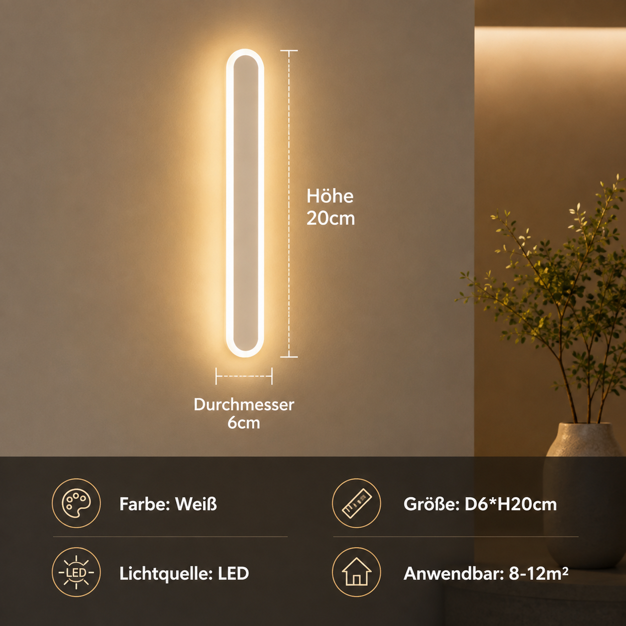 Weiße LED Wandleuchte 20 cm mit warmweißem Licht für Flur, Schlafzimmer oder Wohnzimmer.

