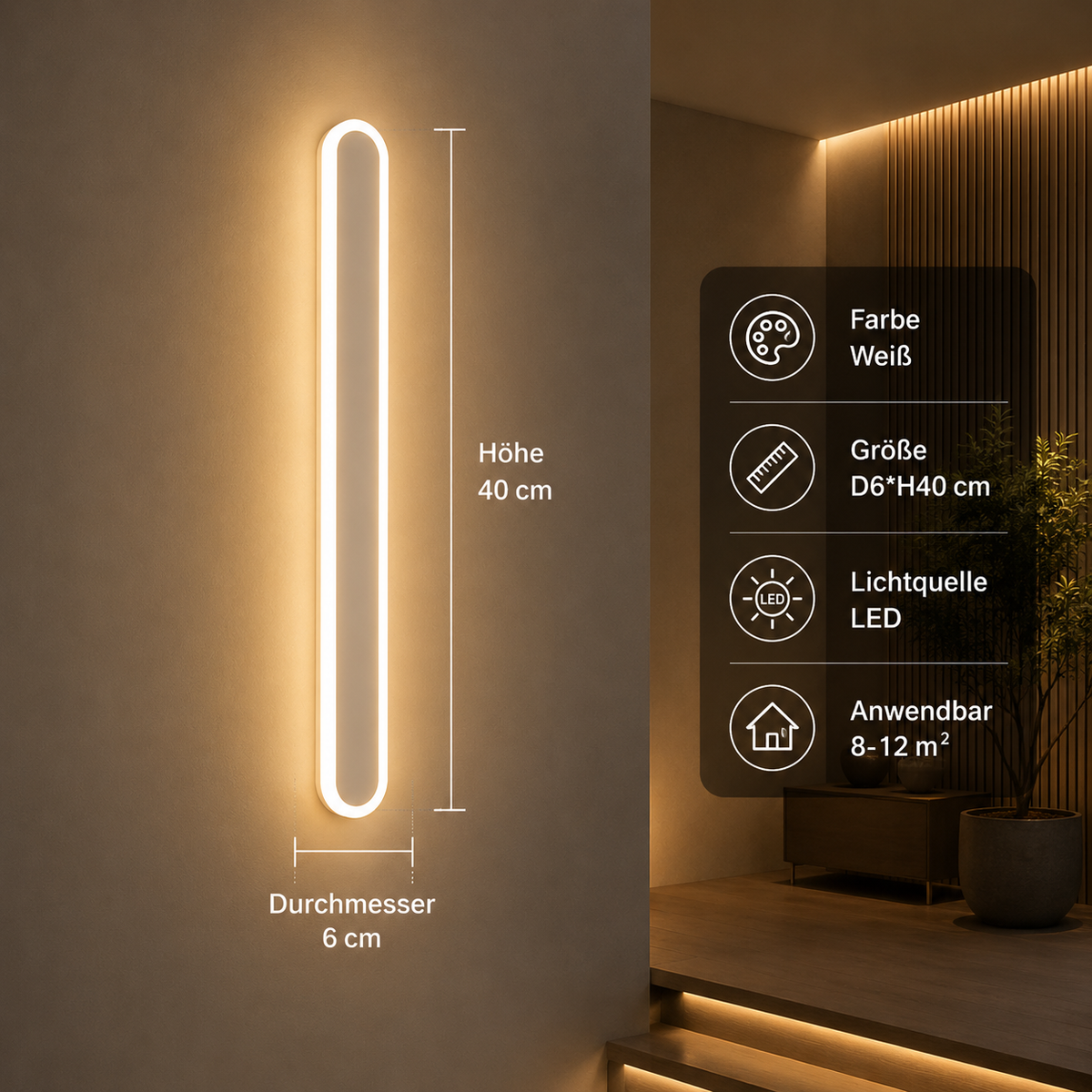 Weiße LED Wandleuchte 40 cm mit indirekter Beleuchtung für moderne Innenräume.
