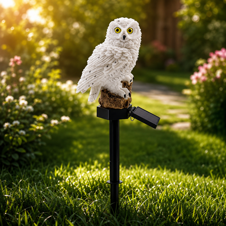 Weiße Solar-Eulenleuchte als dekorativer Gartenstecker im Tageslicht.
