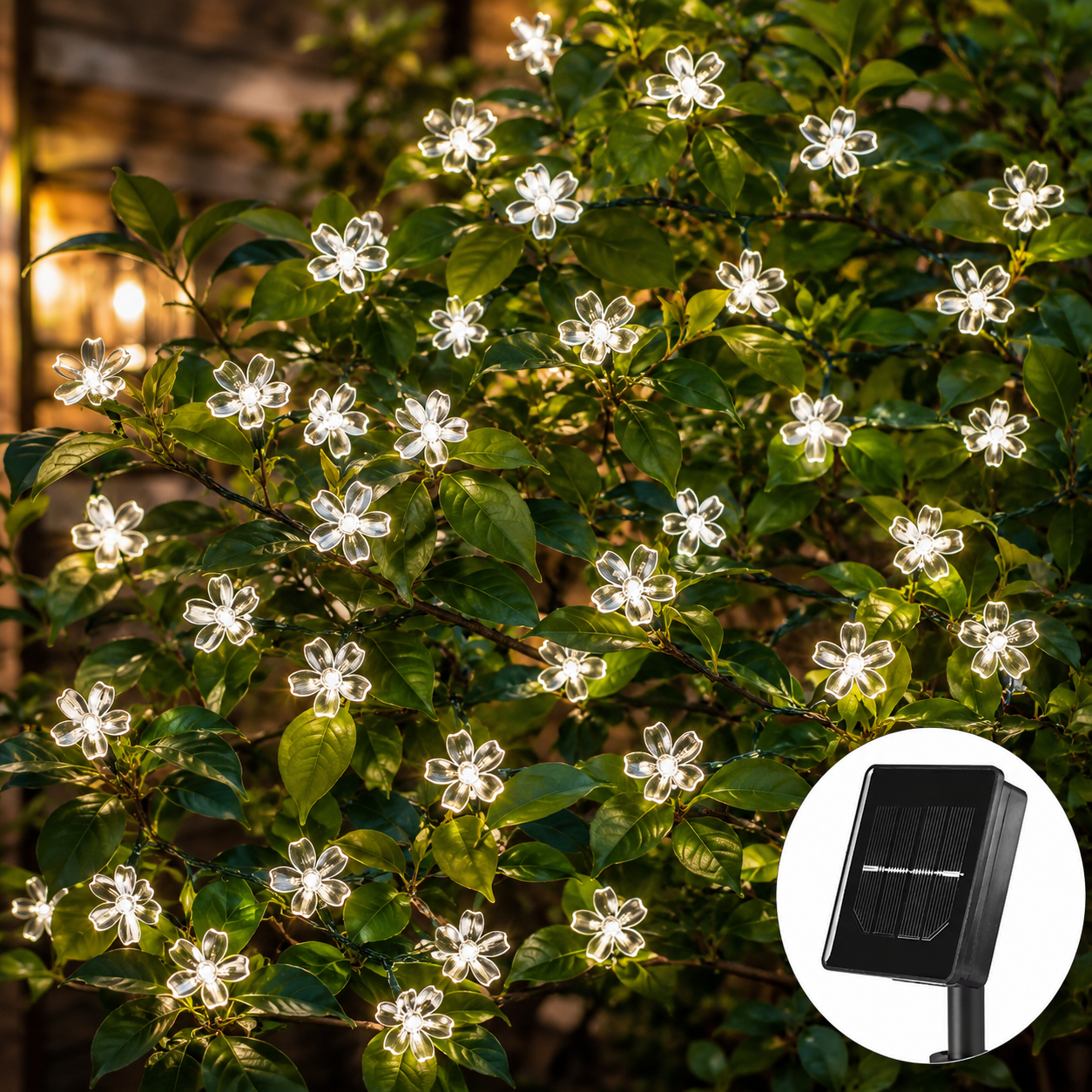 Weiße Solar Blumenlichterkette mit Solarpanel für stilvolle Beleuchtung von Hecken, Sträuchern und Gartenpflanzen.
