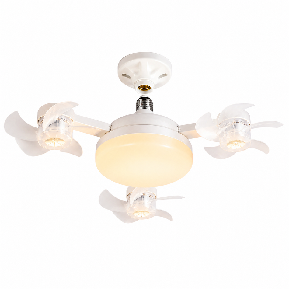 Weißer Deckenventilator mit LED-Licht, E27-Fassung und Fernbedienung in Warmweiß auf weißem Hintergrund.