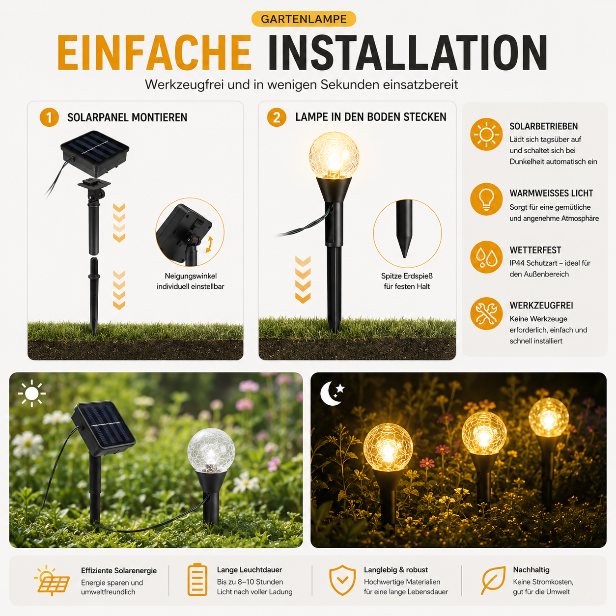 Werkzeugfreie Installation der Solar-Gartenlichter mit verstellbarem Solarpanel und stabilen Erdspießen für eine schnelle und einfache Montage im Außenbereich.
