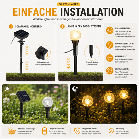 Werkzeugfreie Installation der Solar-Gartenlichter mit verstellbarem Solarpanel und stabilen Erdspießen für eine schnelle und einfache Montage im Außenbereich.
