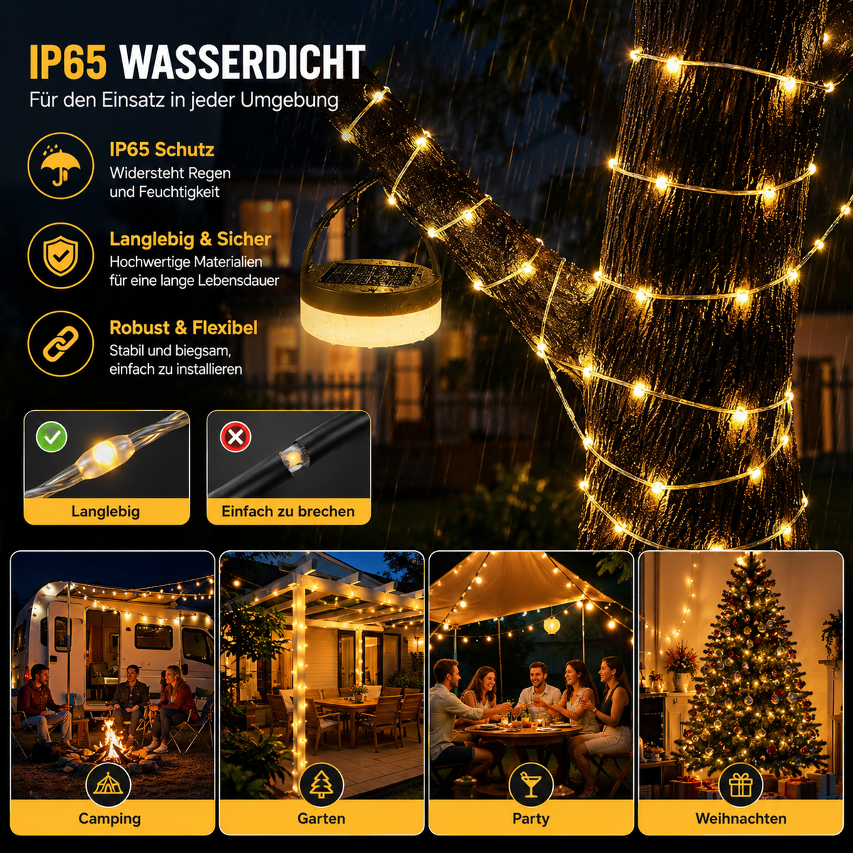 Wetterfeste IP65 LED-Lichterkette für Camping, Garten, Party und Weihnachten
