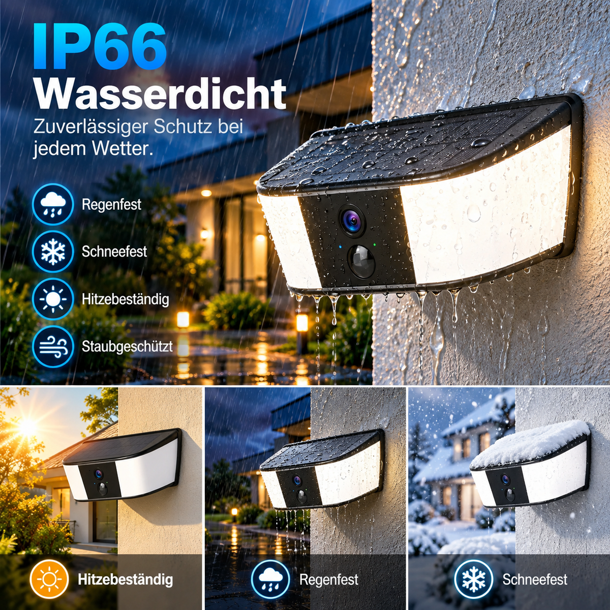 Wasserdichte Solar Überwachungskamera mit Licht IP66 bei Regen, Schnee und Hitze