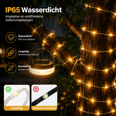 Wetterfeste Solar-LED-Lichterkette IP65 an einem Baum bei Regen
