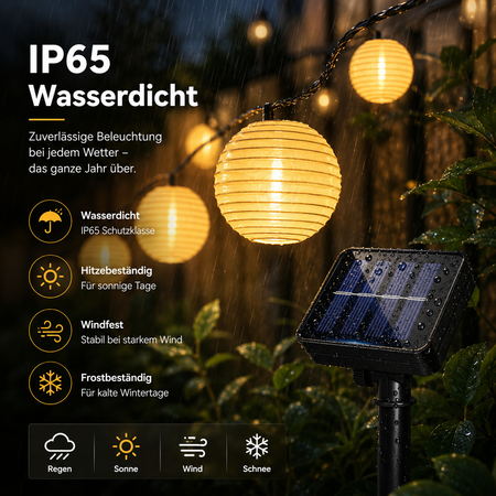 Wetterfeste Solar-Lampion-Lichterkette mit IP65 Schutz für den Außenbereich
