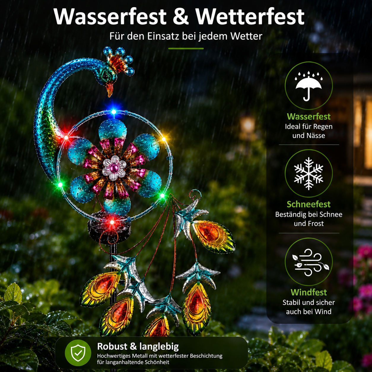 Wetterfester Solar Pfau Gartenstecker mit LED-Beleuchtung – wasserfest, schneefest und windfest für den ganzjährigen Außeneinsatz.
