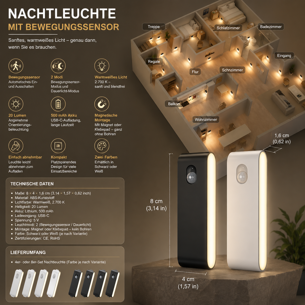 Wiederaufladbare LED Nachtleuchte mit Bewegungsmelder und USB-C-Ladung
