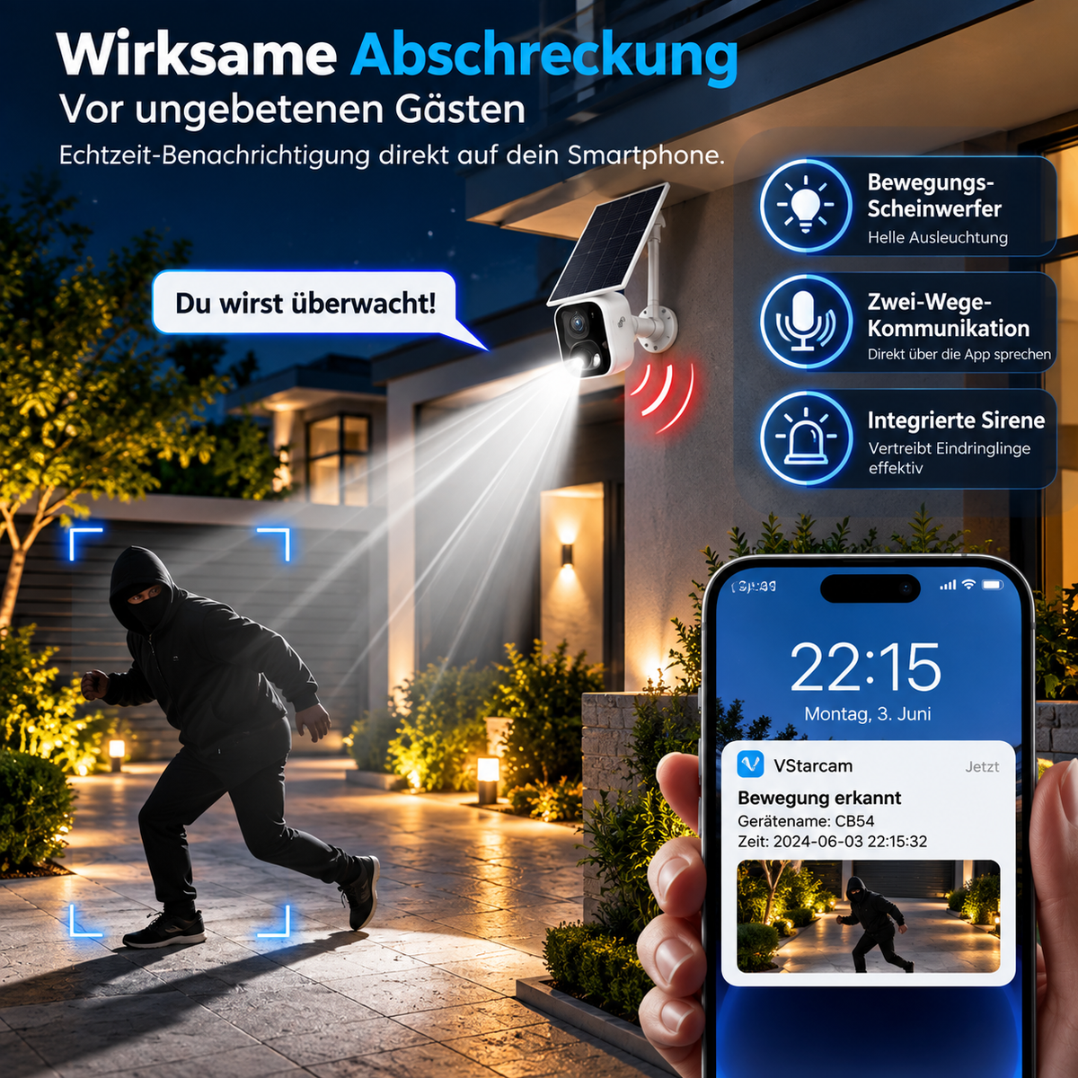 Solar Überwachungskamera mit Licht und Sirene schreckt Einbrecher nachts ab und sendet Bewegungsalarm aufs Handy