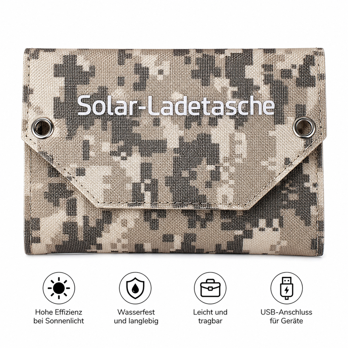 Zusammengeklappte Solar-Ladetasche mit wetterfestem Gewebe und Symbolen für hohe Effizienz, Wasserschutz und Mobilität.
