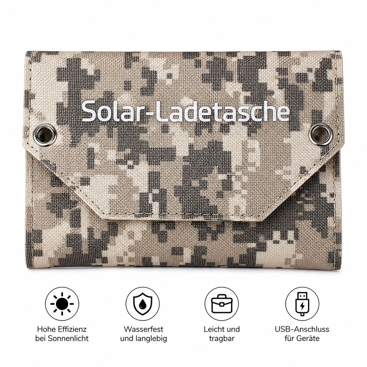 Zusammengeklappte Solar-Ladetasche mit wetterfestem Gewebe und Symbolen für hohe Effizienz, Wasserschutz und Mobilität.

