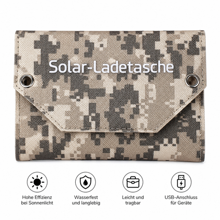 Zusammengeklappte Solar-Ladetasche mit wetterfestem Gewebe und Symbolen für hohe Effizienz, Wasserschutz und Mobilität.
