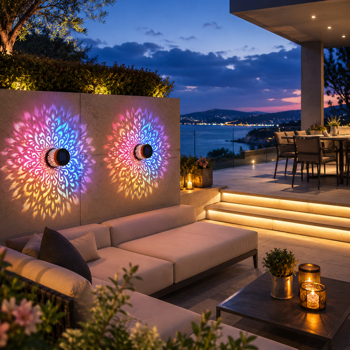 Zwei dekorative Solar-Wandleuchten mit farbenfroher Mandala-Projektion auf moderner Terrasse am Abend
