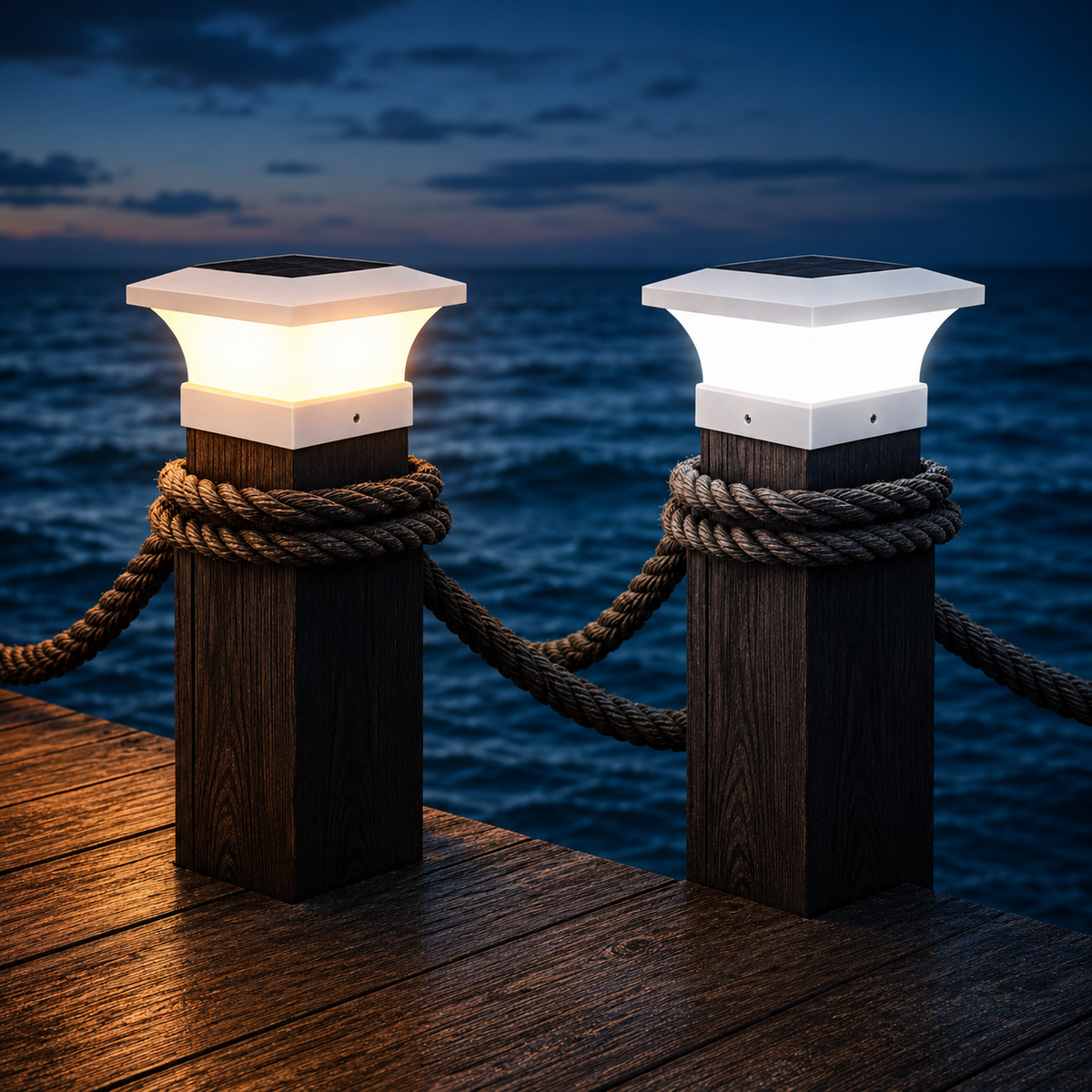 Zwei moderne Solar-Pfostenleuchten auf einem Holzsteg am Wasser – links in Warmweiß, rechts in Kaltweiß – sorgen für stilvolle Beleuchtung in maritimer Atmosphäre.
