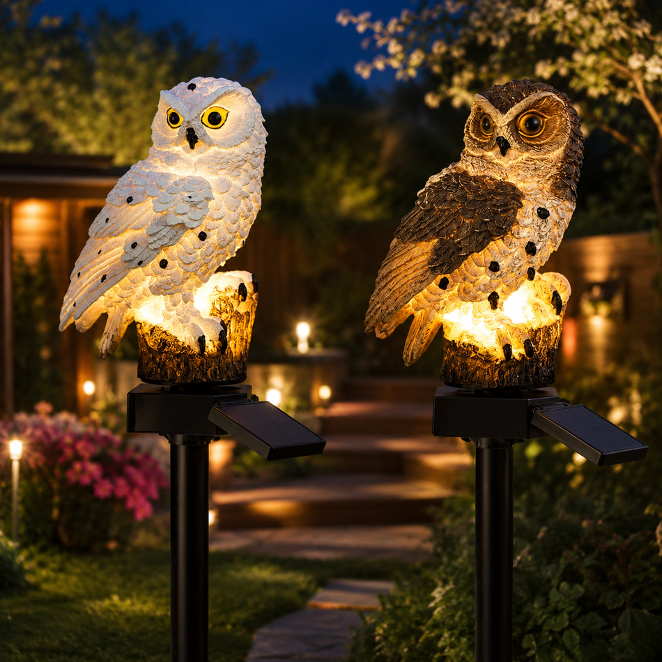 Zwei solarbetriebene Eulenleuchten mit warmweißem LED-Licht im beleuchteten Garten bei Nacht.
