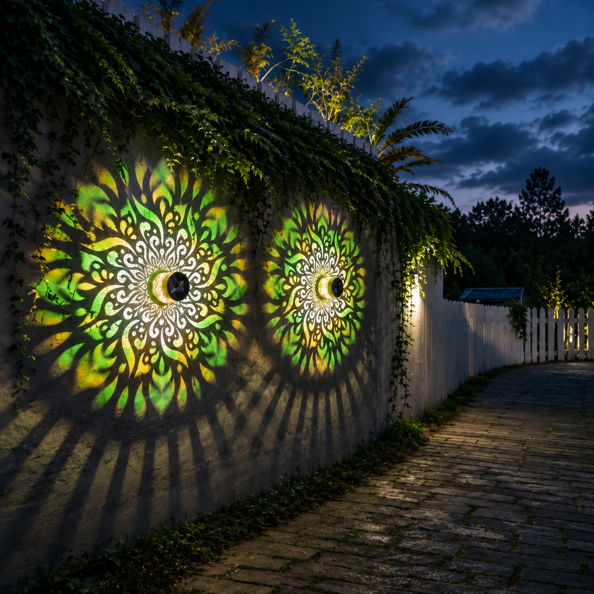 Zwei wetterfeste Solarleuchten mit grün-gelber Mandala-Lichtprojektion an einer Gartenmauer bei Nacht
